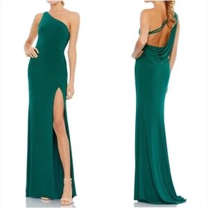 Ieena for Mac Duggal One Shoulder Jersey Gown in Emerald Green